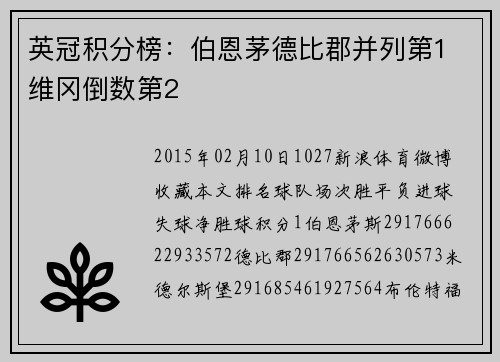 英冠积分榜：伯恩茅德比郡并列第1 维冈倒数第2