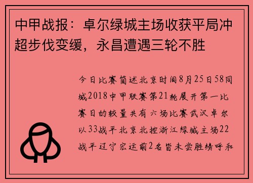 中甲战报：卓尔绿城主场收获平局冲超步伐变缓，永昌遭遇三轮不胜